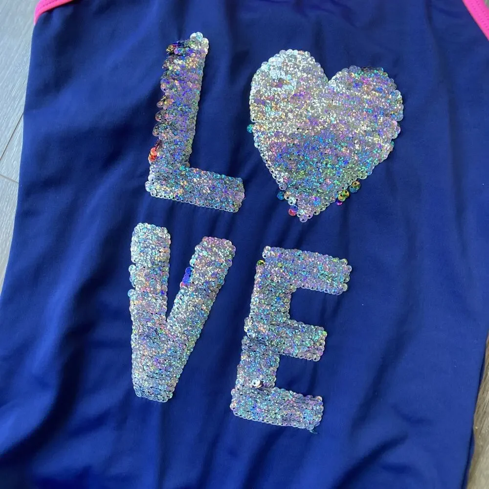 Justice One Piece Swimsuit Sz 14 Blue Pink Lining LOVE Sequin Flip Modest